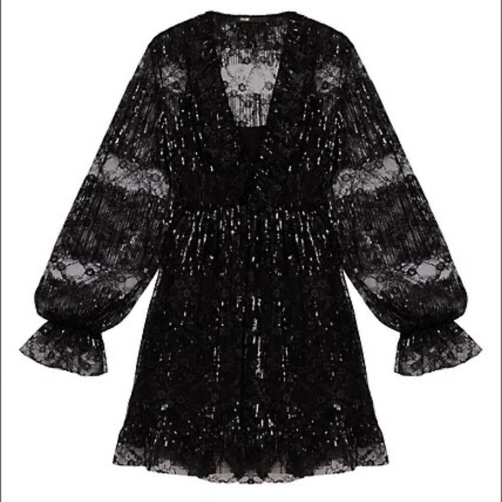 Maje Reville Black Floral Lace Sequin V-Neck Mini Dress Size 36 - Picture 3 of 7
